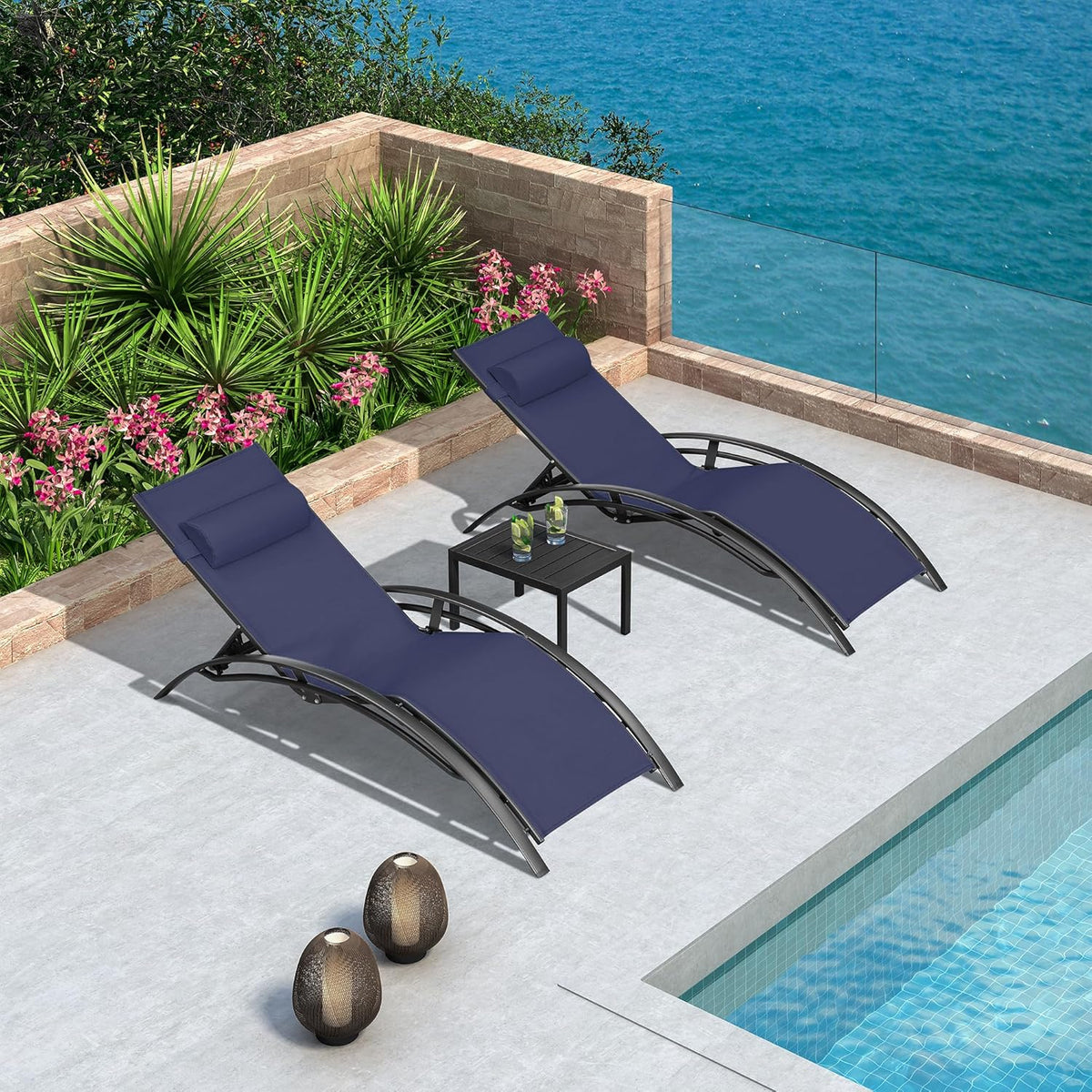 PURPLE LEAF Patio Chaise Lounge Set, 2 Chairs And 1 Table, Aluminum Textilene, 4 Adjustable Positions