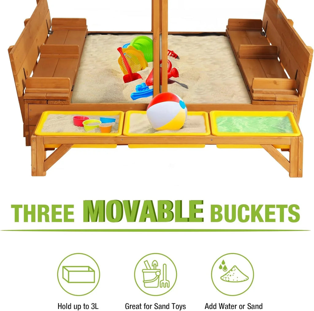 Kids Wooden Outdoor Sandbox With Retractable Canopy, 2 Foldable Bench Seats, 47 x 47 Inch