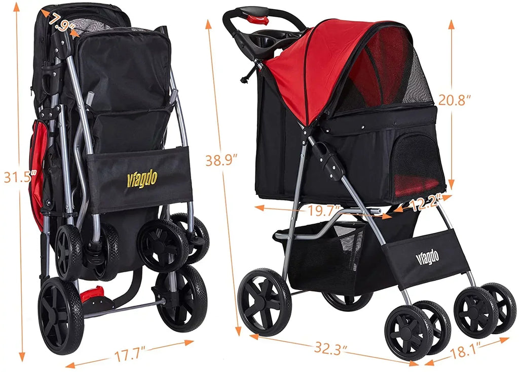 Afuhokles Pet Stroller For Small And Medium Dogs And Cats, 4 Wheels, 35lbs - Folding Storage Basket