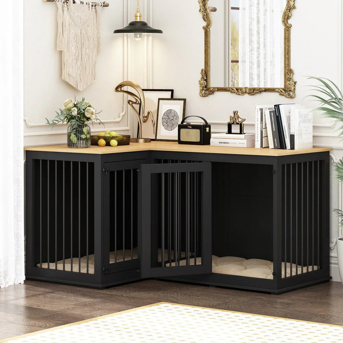 L Shape Corner Dog Crate Furniture For 2 Dogs, 58.7X41.1