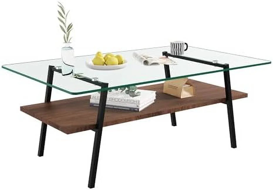 HBBOOMLIFE 2-Tier Rectangular Glass Coffee Table With Tempered Glass Top And Wood Center - Brown Glass/Coffee Brown