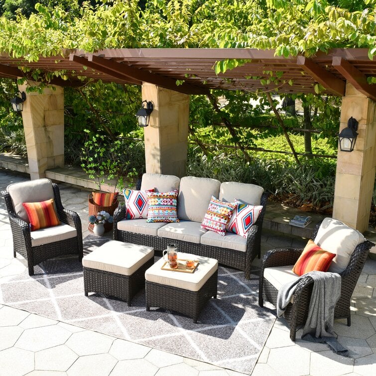 Latimer Wicker/Rattan 5-Person Seating Group With Cushions