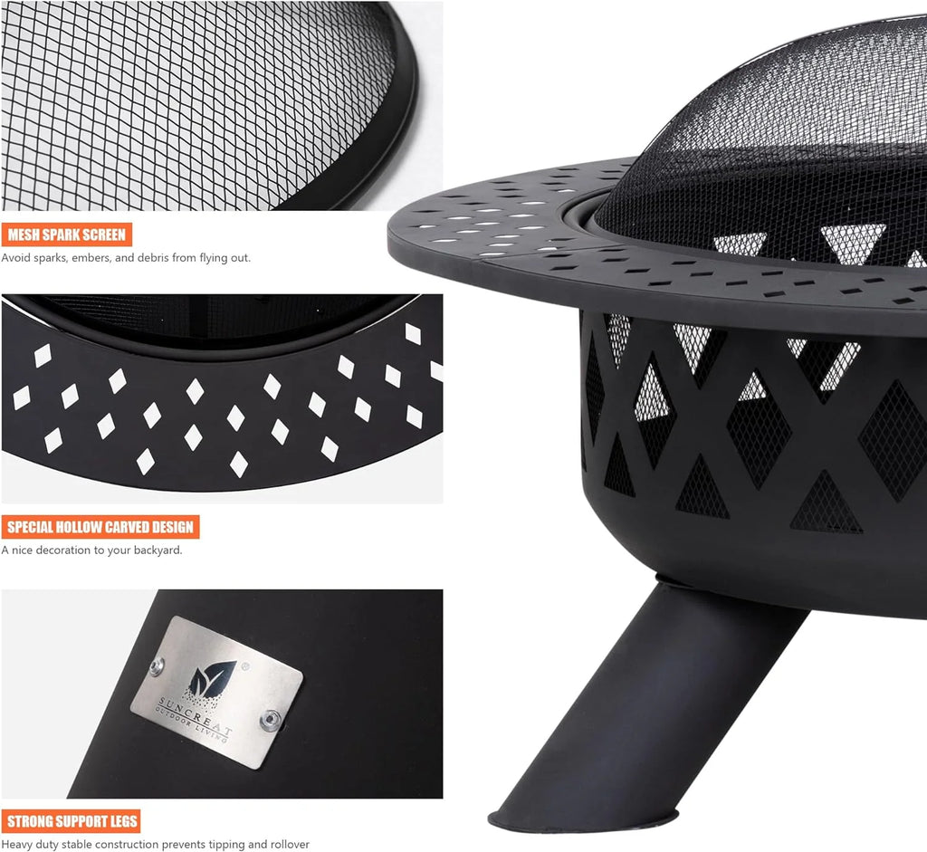 SUNCREAT 42-Inch Wood Burning Patio Fire Pit, Black, 42.1 Inch Diameter x 25.2 Inch High