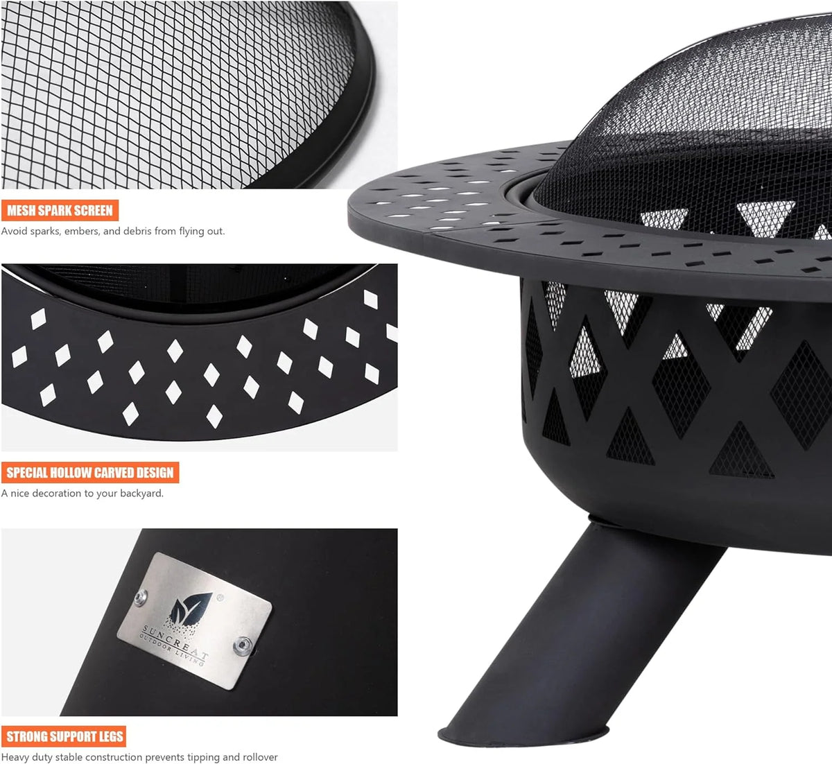 SUNCREAT 42-Inch Wood Burning Patio Fire Pit, Black, 42.1 Inch Diameter x 25.2 Inch High