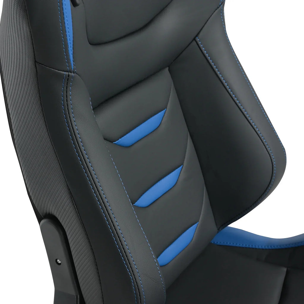Universal Racing Bucket Seats, Pair With Dual Lock Sliders, Black With Blue PVC Leather, 36.6 x 21.6 x 21.6 in