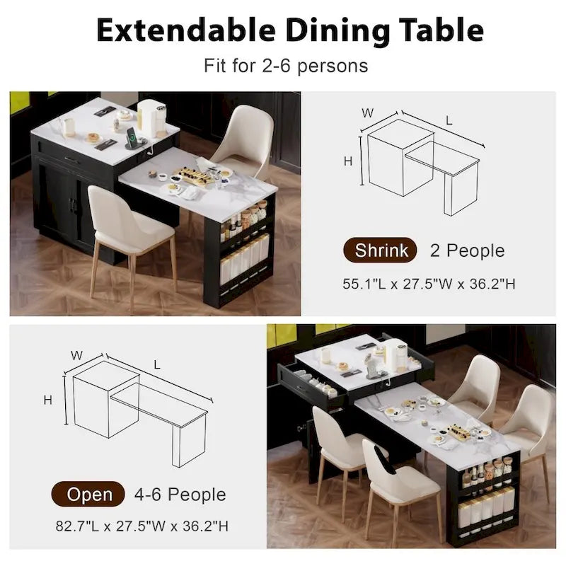 82.7 Wooden Kitchen Island With Extendable Dining Table And Double-Sized Storage