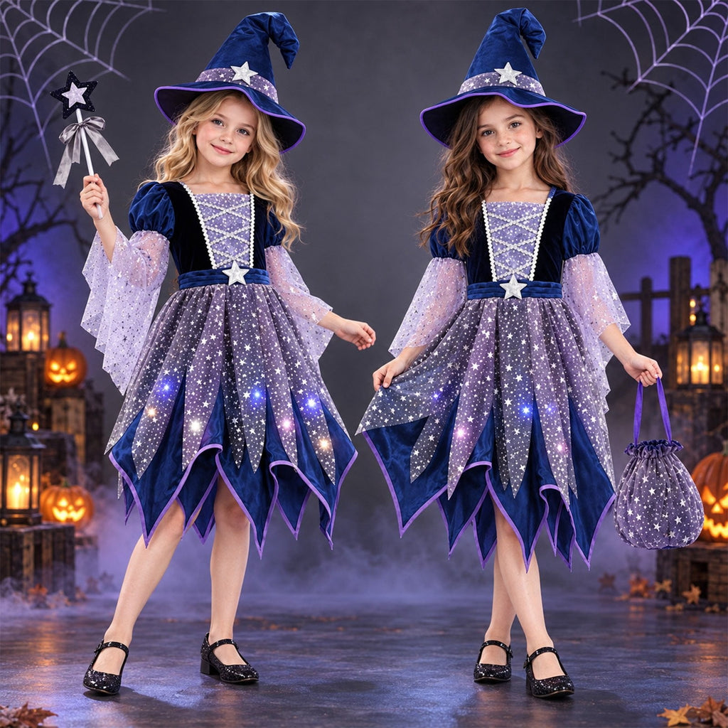 MEZZALL Child Outfit Sets Girls Witch 4 Light Up Star Witch Dress With Hat Wand Kids Halloween Party Outfit For Party Clothes Sets