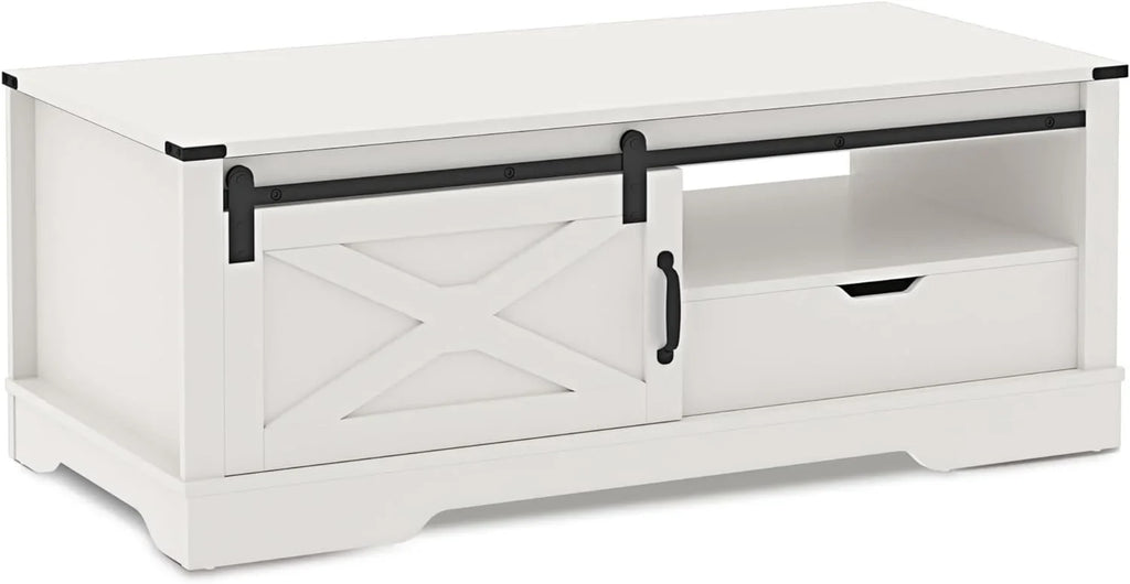 Farmhouse Coffee Table With Storage And Sliding Barn Door, 48 in, White