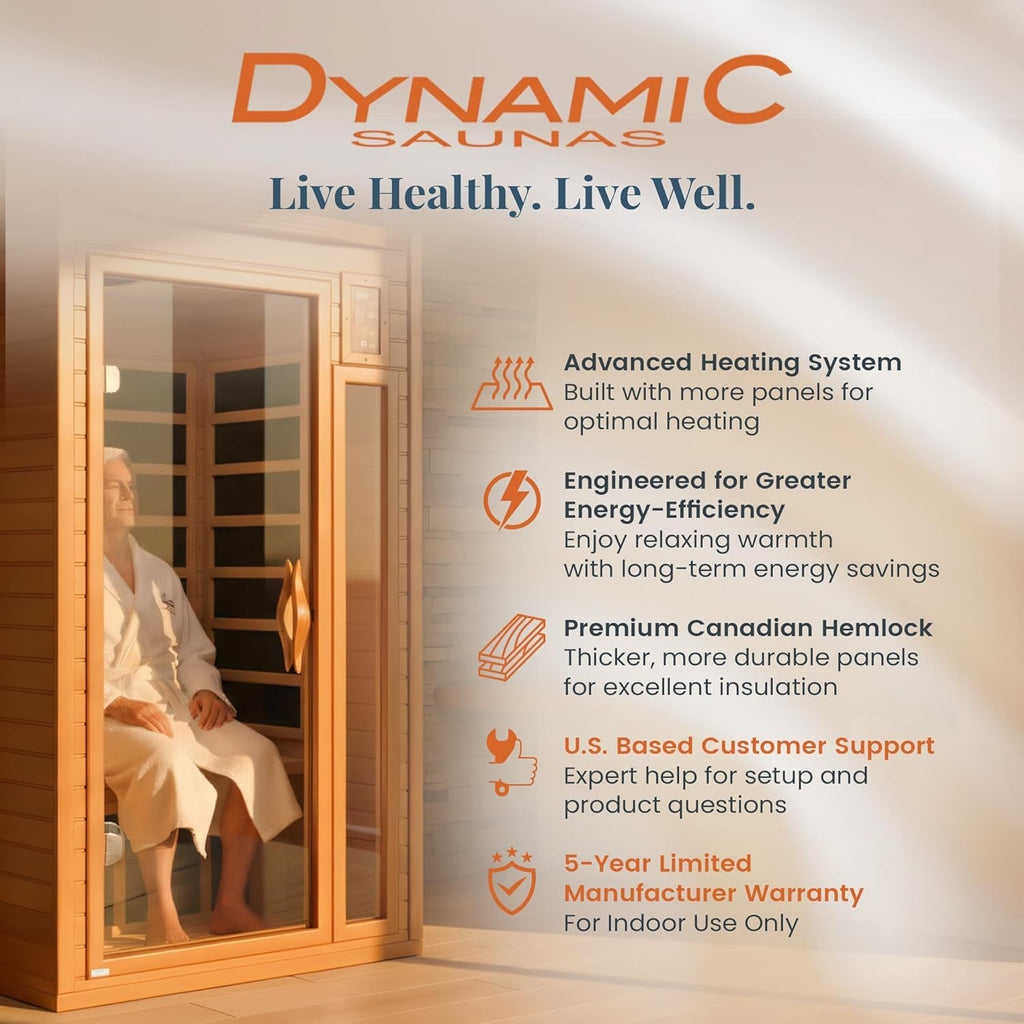 DYNAMIC SAUNAS 1- to 2-Person Low EMF Far Infrared Dry Heat Sauna With Red Light Therapy - Barcelona