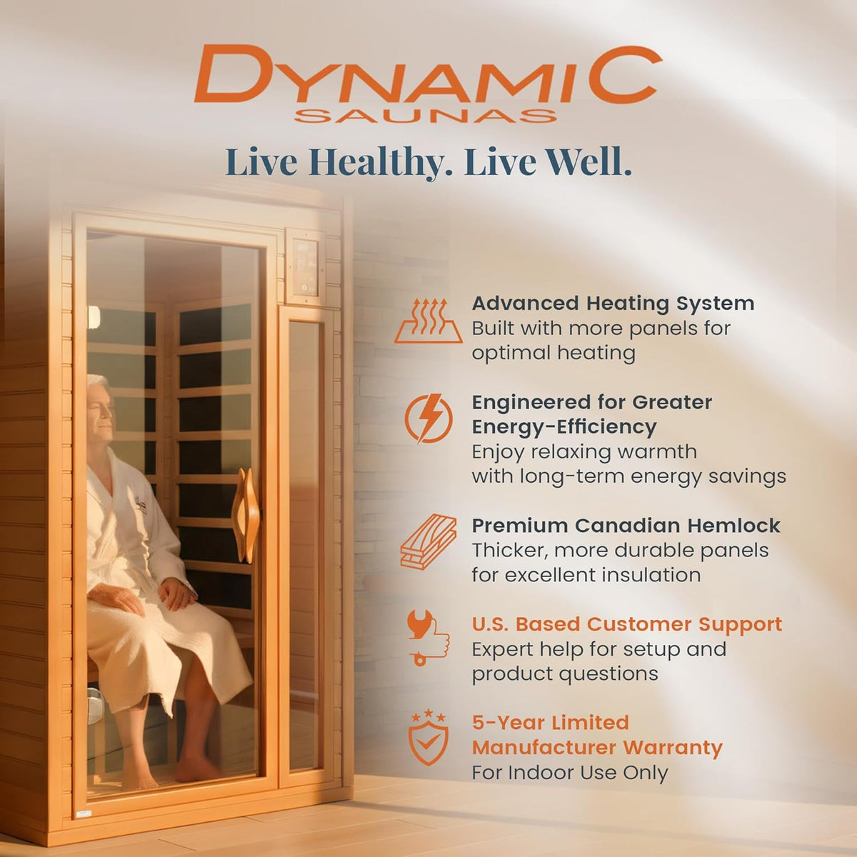 DYNAMIC SAUNAS 1- to 2-Person Low EMF Far Infrared Dry Heat Sauna With Red Light Therapy - Barcelona