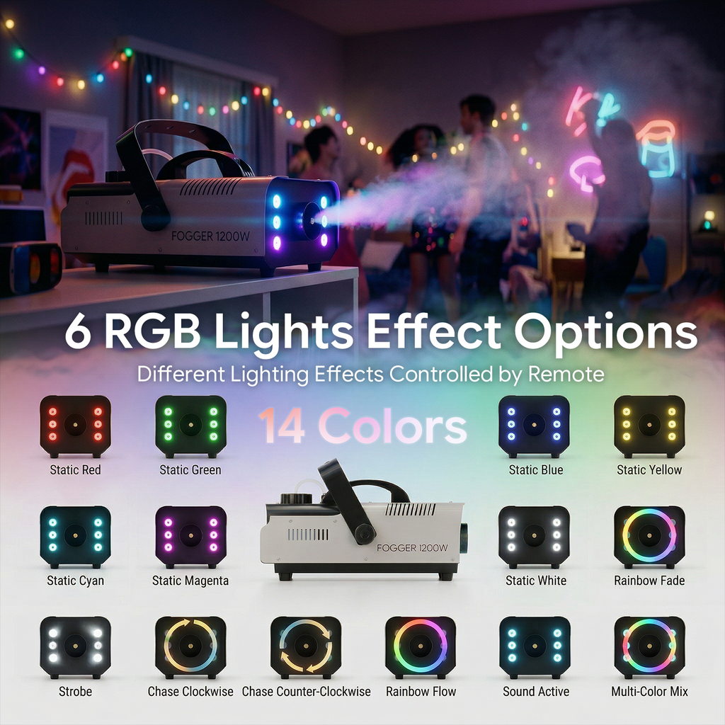 Halloween Fog Machine Smoke Machine 1200W with RGB LED Lights & Remote - Haze Smoke Generator for Halloween, Party, Stage, DJ, Club