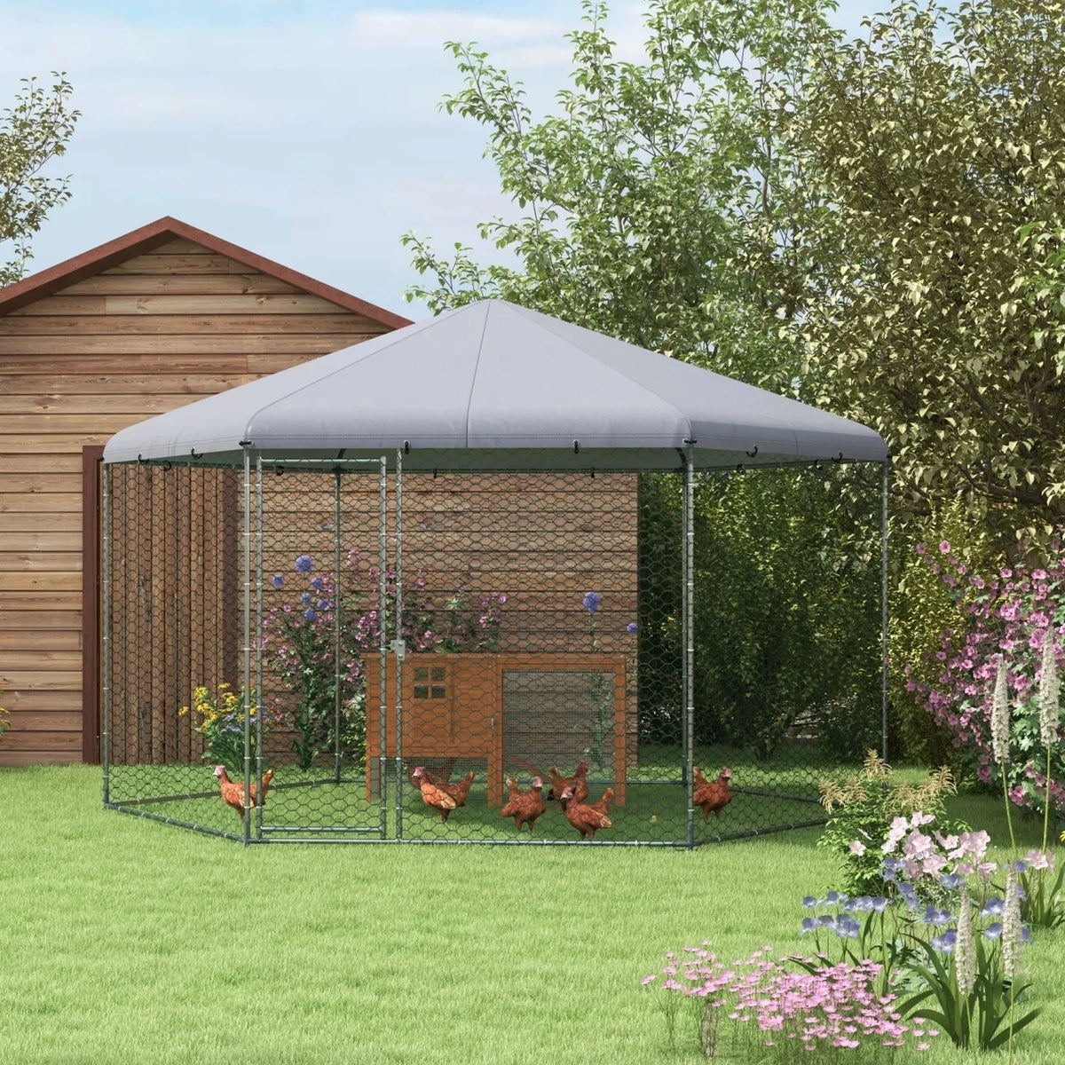 PawHut Large Metal Coop Run With Waterproof Anti-UV Cover, 13 ft x 11.4 ft x 8.6 ft
