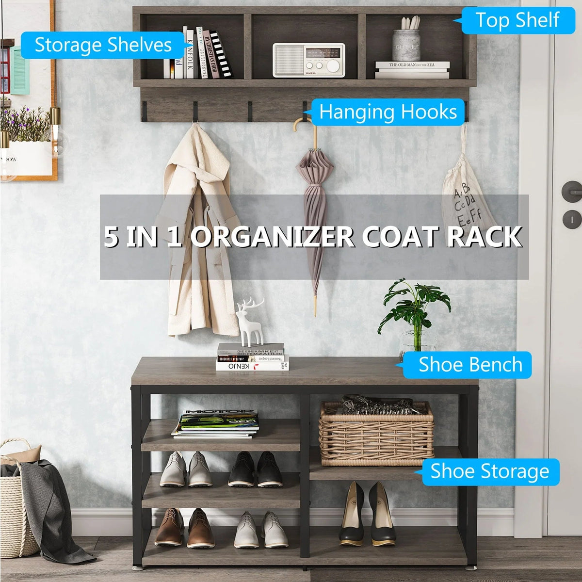 5-in-1 Entryway Hall Tree With Coat Rack, Shoe Bench, 7 Hooks, 3 Cubbies And 3-Tier Shoe Rack