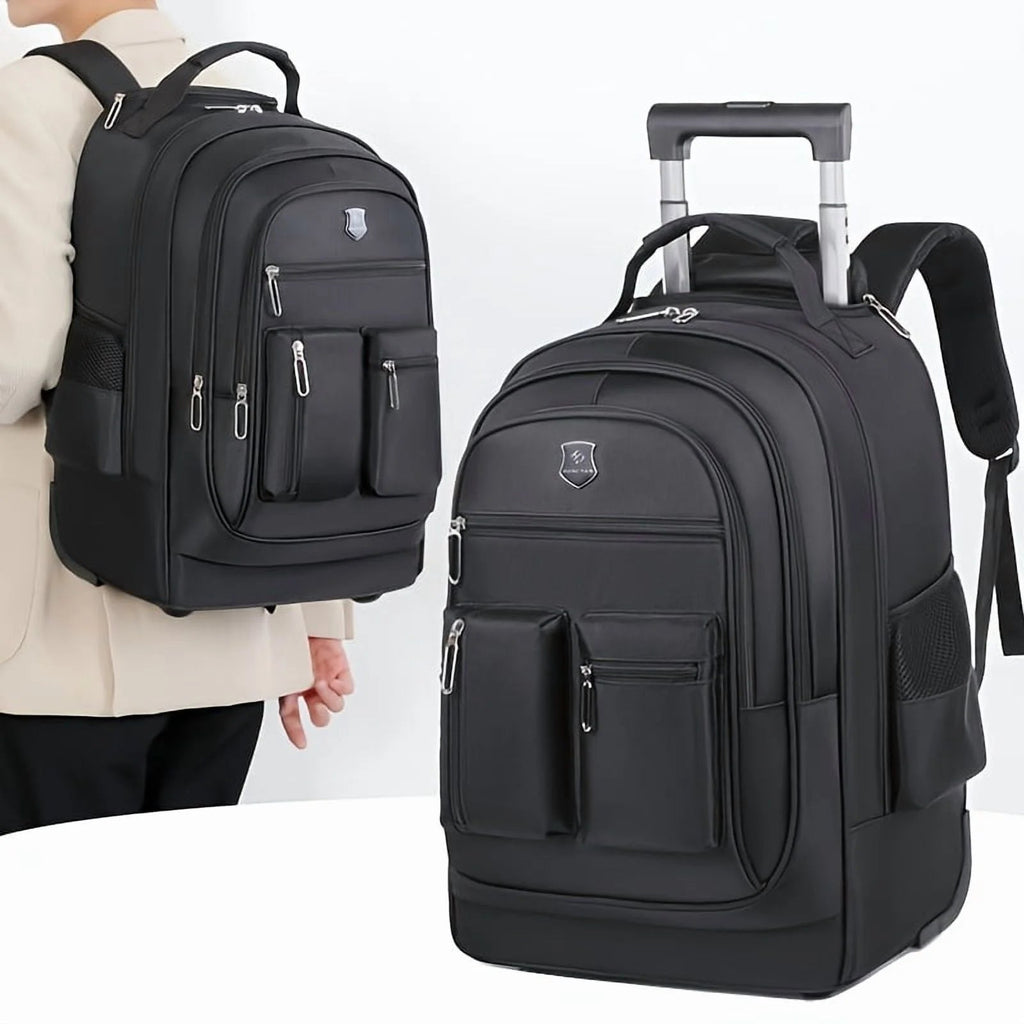 Rolling Backpack With Retractable Handle, Aluminum Frame, Oxford Fabric, Black