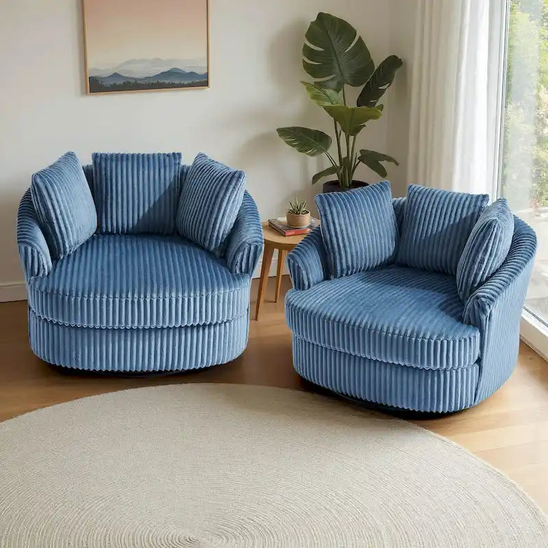 2-Piece Oversized 43 W Plush Corduroy Swivel Barrel Chairs With Pillows