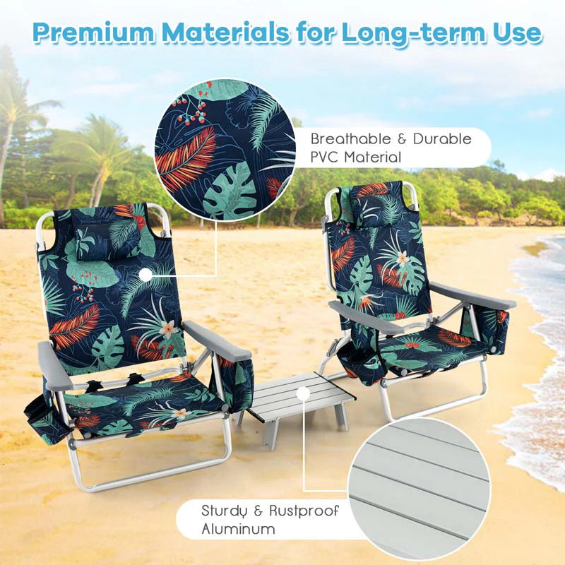 2-Pack 5-Position Outdoor Folding Backpack Beach Chairs With Side Table Set