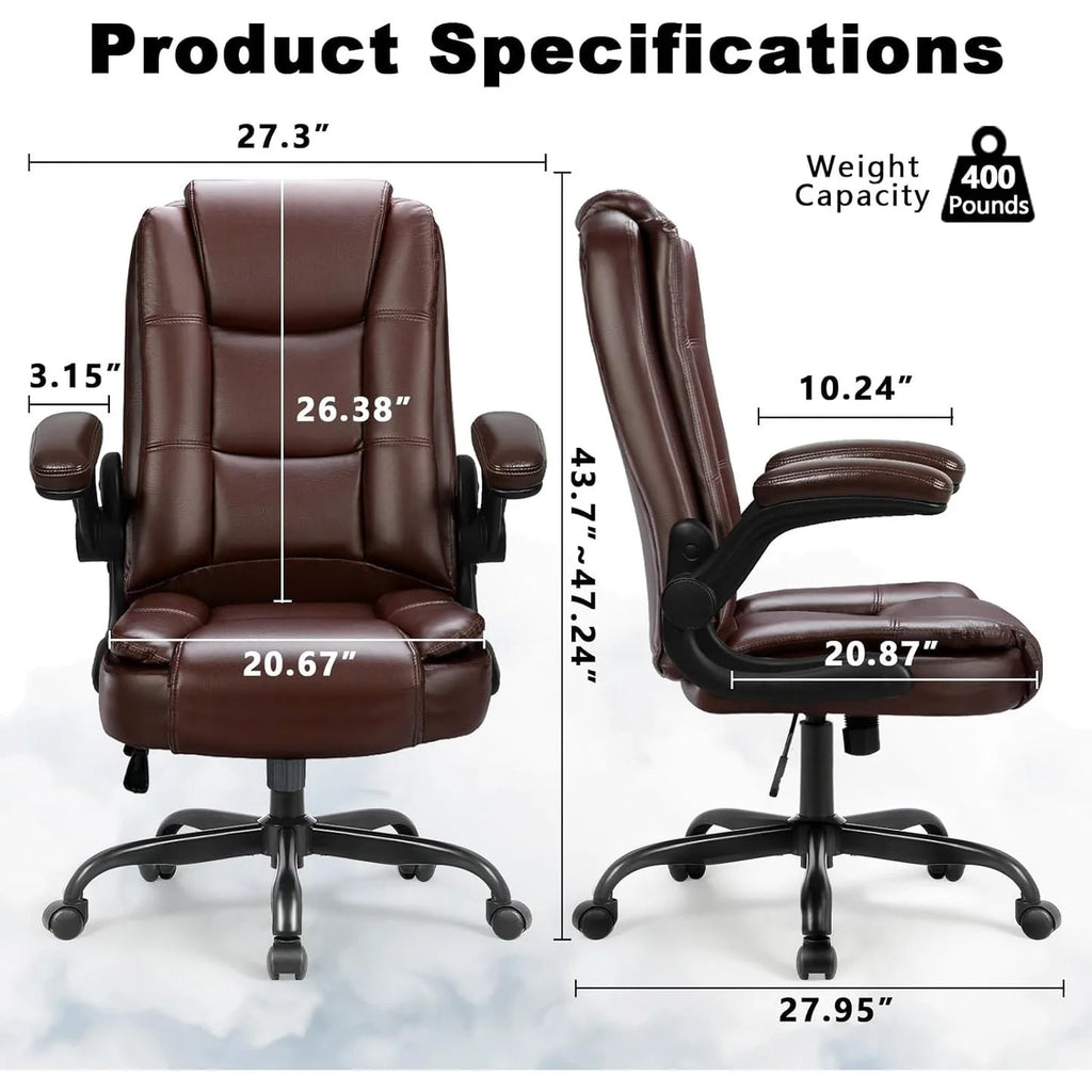Big And Tall Ergonomic Office Chair, High Back Leather Executive Computer Chair With Padded Flip-Up Arms - 20.87in D x 27.3in W x 47.24in H