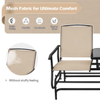 2-Person Outdoor Bench Glider Chair With Center Table, Mesh Fabric, 57 x 28 x 38 in