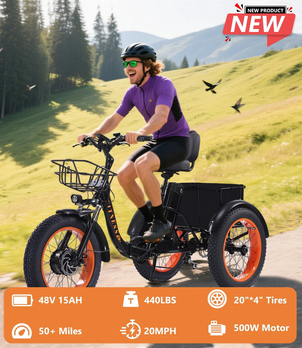 YEBEI Folding Electric Tricycle for Adults, 500W Motor, 48V15AH Lithium Battery, 20 x 4.0 in Fat Tires