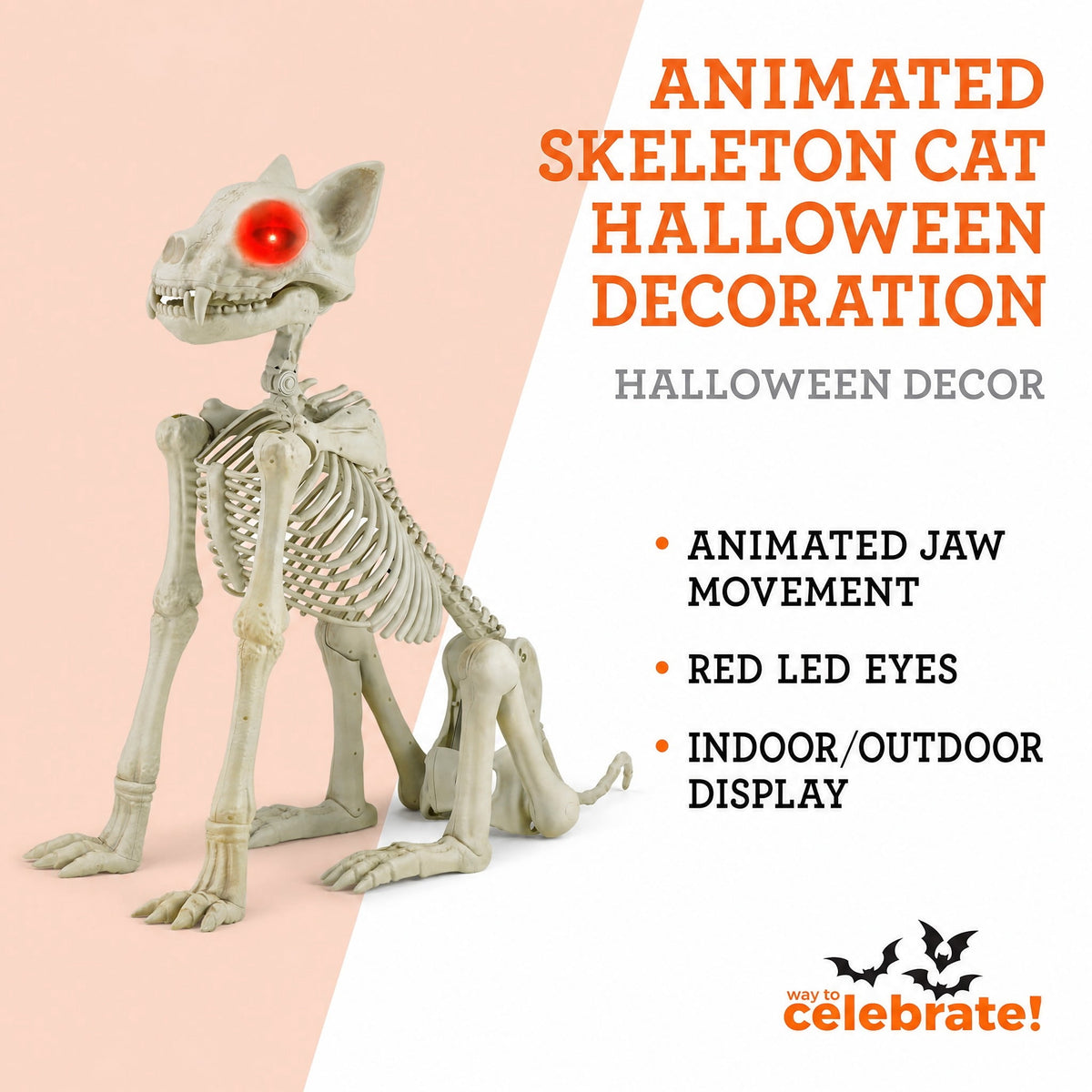 Way To Celebrate Animated Skeleton Cat Halloween Decoration, Beige, 60 in