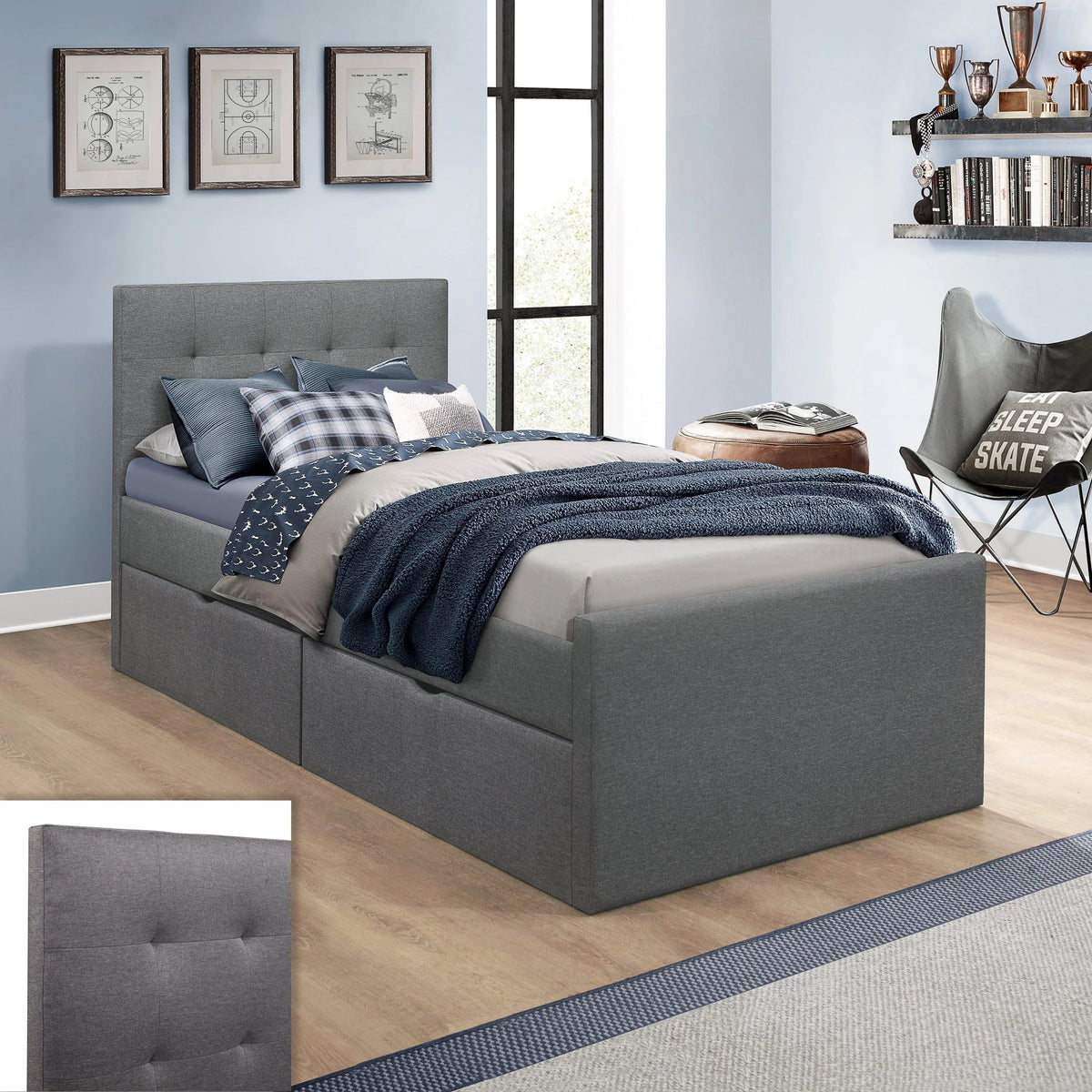 Hillsdale Living Essentials Upholstered Twin Platform Bed With 2 Storage Drawers, Gray