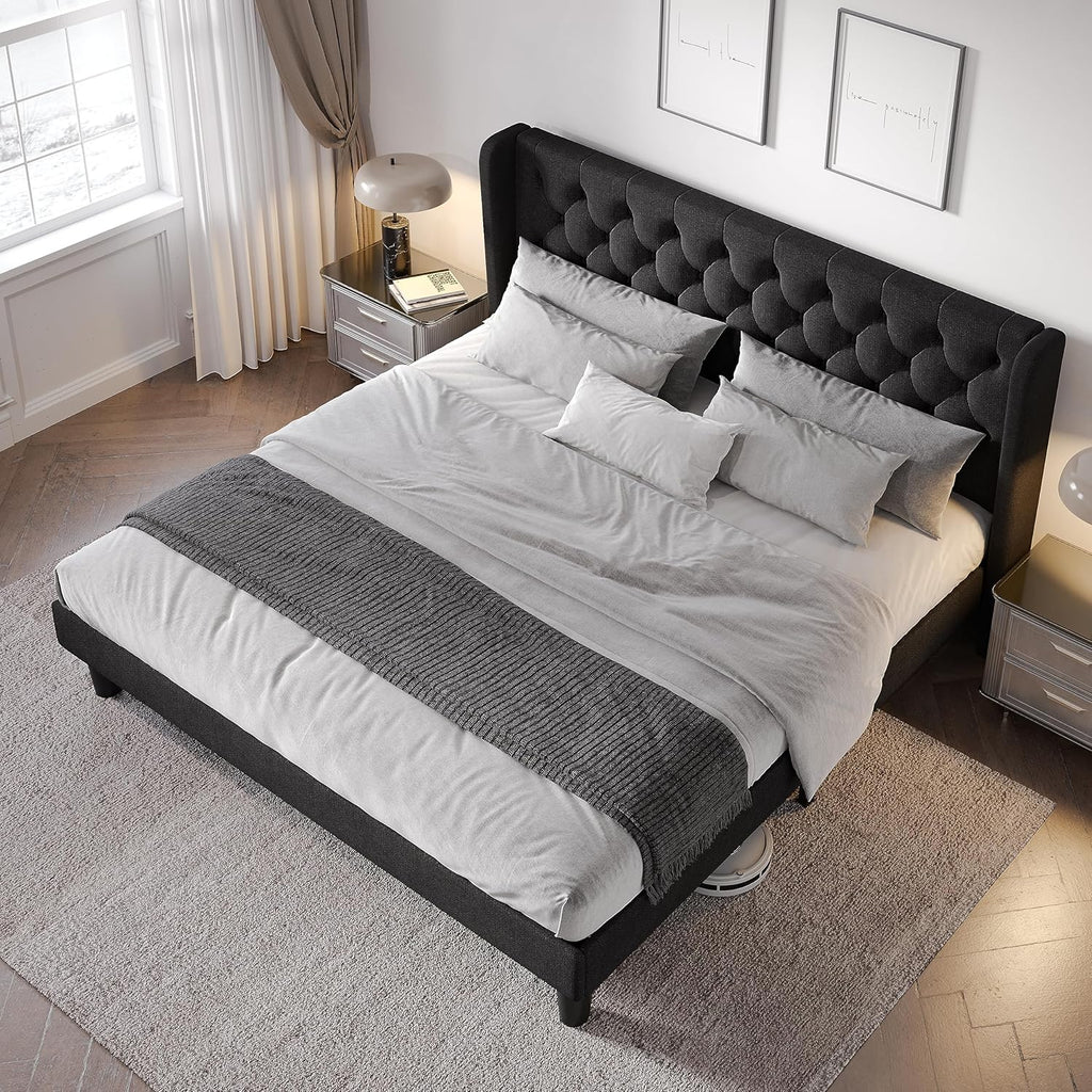 Allewie King Size Upholstered Bed Frame With Button Tufted Wingback Headboard, Black