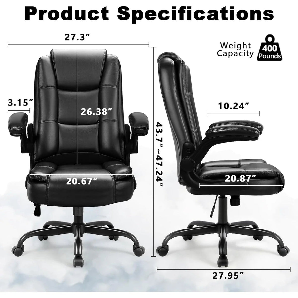 Big And Tall Ergonomic Office Chair, High Back Leather Executive Computer Chair With Padded Flip-Up Arms - 20.87in D x 27.3in W x 47.24in H