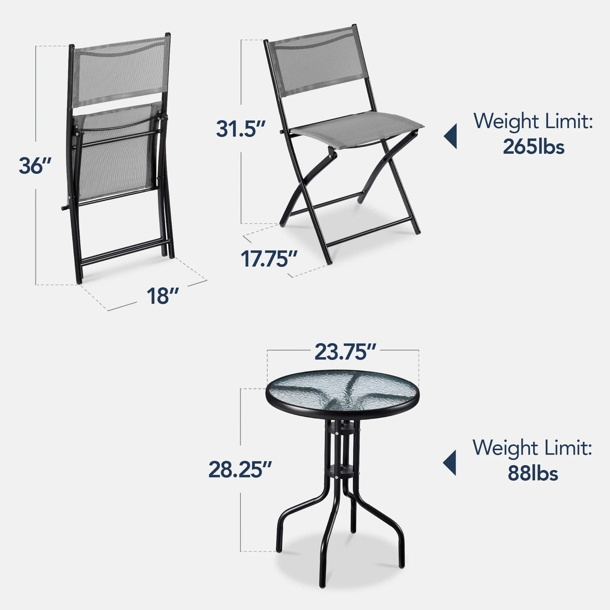 Best Choice Products 3-Piece Patio Bistro Dining Set With Glass Tabletop And Folding Chairs - Gray