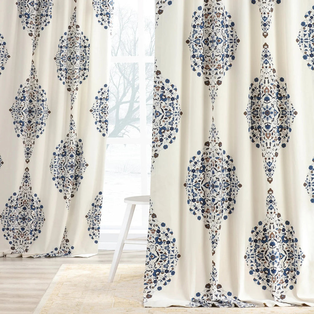 Medallion Damask Printed Cotton Room Darkening Curtain Panel, 1 Piece, 50 in W x 84/96/108/120 in L