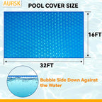 AURSK Solar Pool Cover 12MIL 16x32 Foot Rectangle For In-Ground Pools - 1200 Series