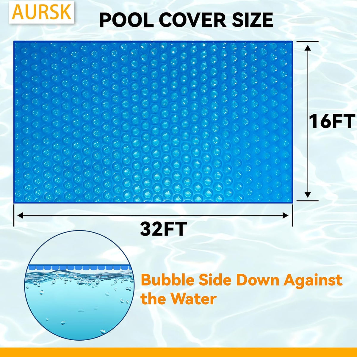 AURSK Solar Pool Cover 12MIL 16x32 Foot Rectangle For In-Ground Pools - 1200 Series