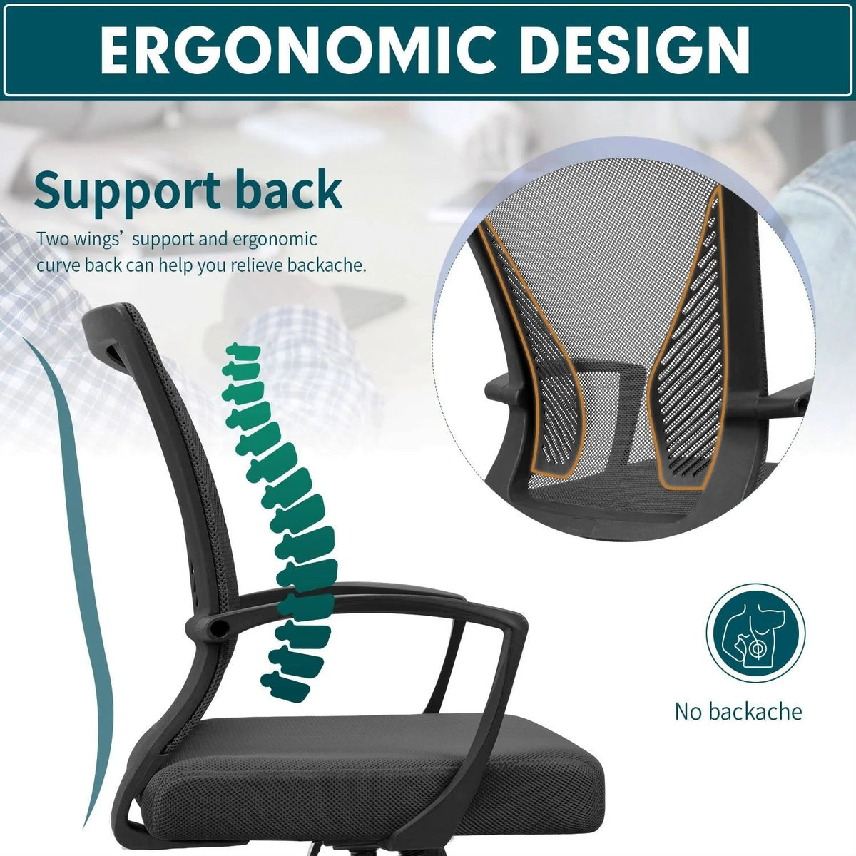 Ergonomic Mesh Mid-Back Office Chair With Adjustable Lumbar Support, 300 lbs Capacity
