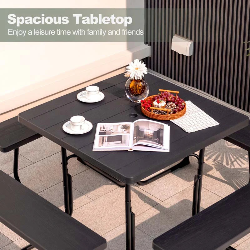 8-Person Outdoor HDPE Square Picnic Table And Bench Set, 67in x 67in x 30in, Metal Frame