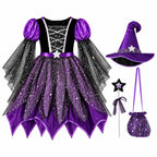 G`irls Purple Themed Dress Set, Kids Halloween Outfit with Witch Hat, Star Wand and Candy Pouch for Party Dress Up