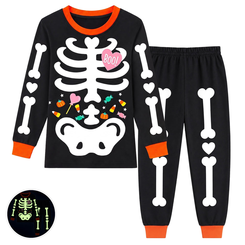 Rimyaw Kids Halloween Pajamas Set, Glow in the Dark Skeleton Sleepwear, 2-Piece cottom Long Sleeve PJs for Boys and Girls, Black