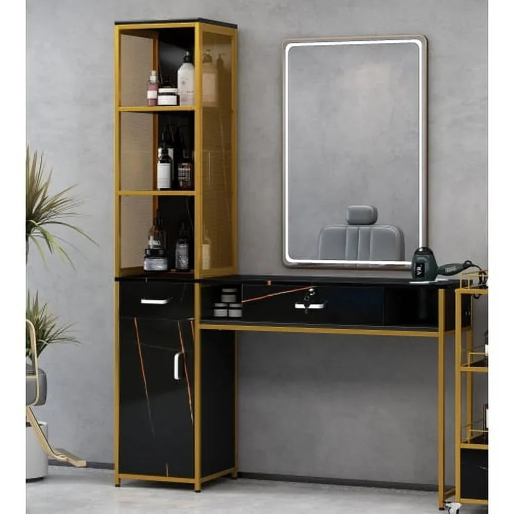 Barber Salon Station With Lockable Drawer, Left Shelf And Storage Cabinet - Black