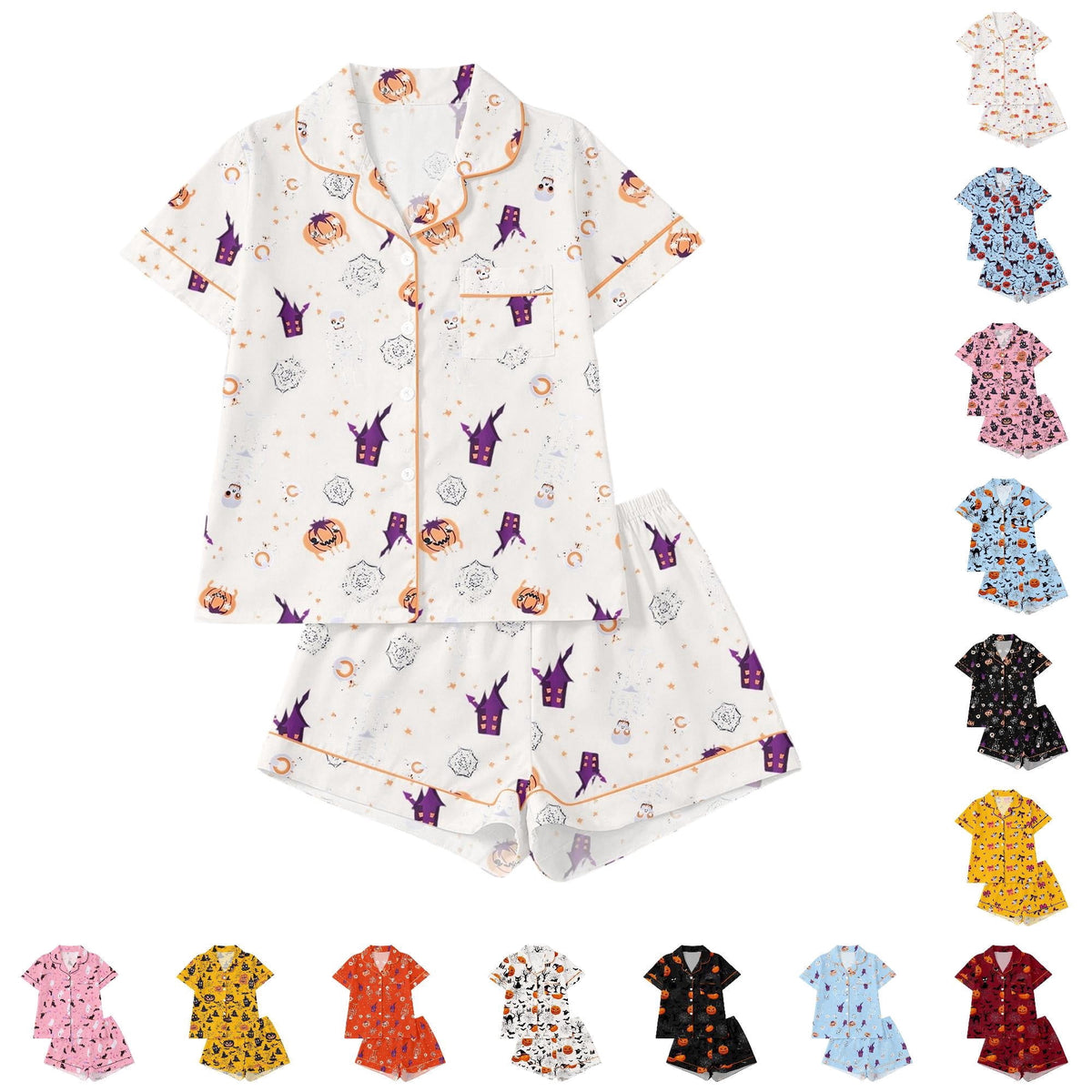 CUZIBR Girls Halloween Pajamas Sets Soft Comfortable Ghost Pumpkin Lapel Button Short Sleeve Shirt Elastic Waist Shorts 2 Pieces Sleep Loungewear Relaxed Sleepwear Outfits, Orange-C