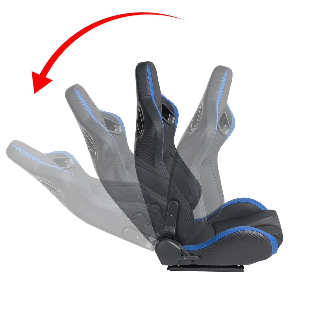 Universal Racing Bucket Seats, Pair With Dual Lock Sliders, Black With Blue PVC Leather, 36.6 x 21.6 x 21.6 in