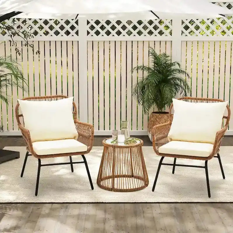 3-Piece Outdoor Rattan Bistro Set With Glass-Top Table, Wide-Arm Chairs And Seat Cushions