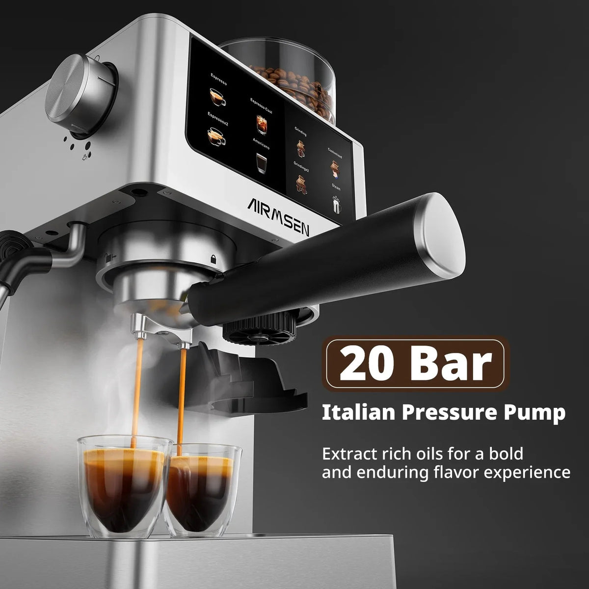AIRMSEN Espresso Machine With Grinder, 20-Bar, 1350W, 63oz, Brushed Stainless Steel