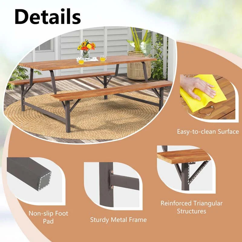 Acacia Wood Picnic Table Bench Set, 71in With 2in Umbrella Hole And Metal Frame