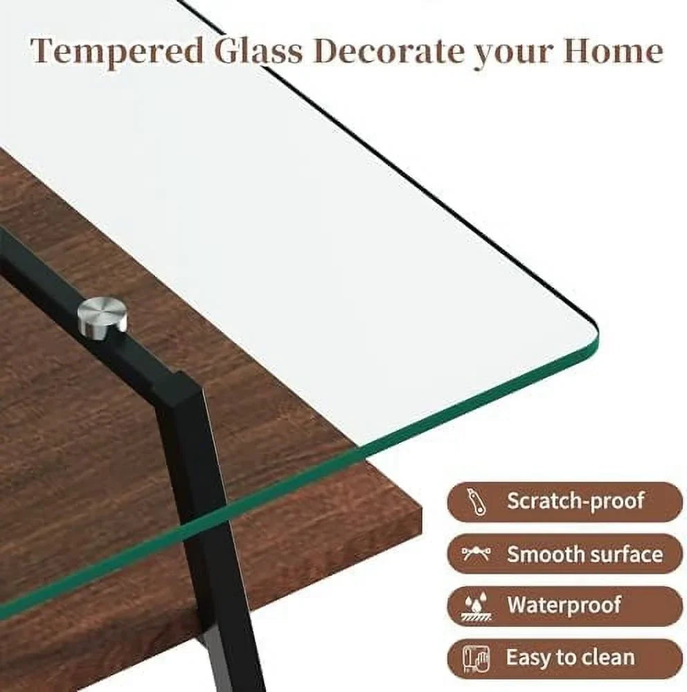 HBBOOMLIFE 2-Tier Rectangular Glass Coffee Table With Tempered Glass Top And Wood Center - Brown Glass/Coffee Brown