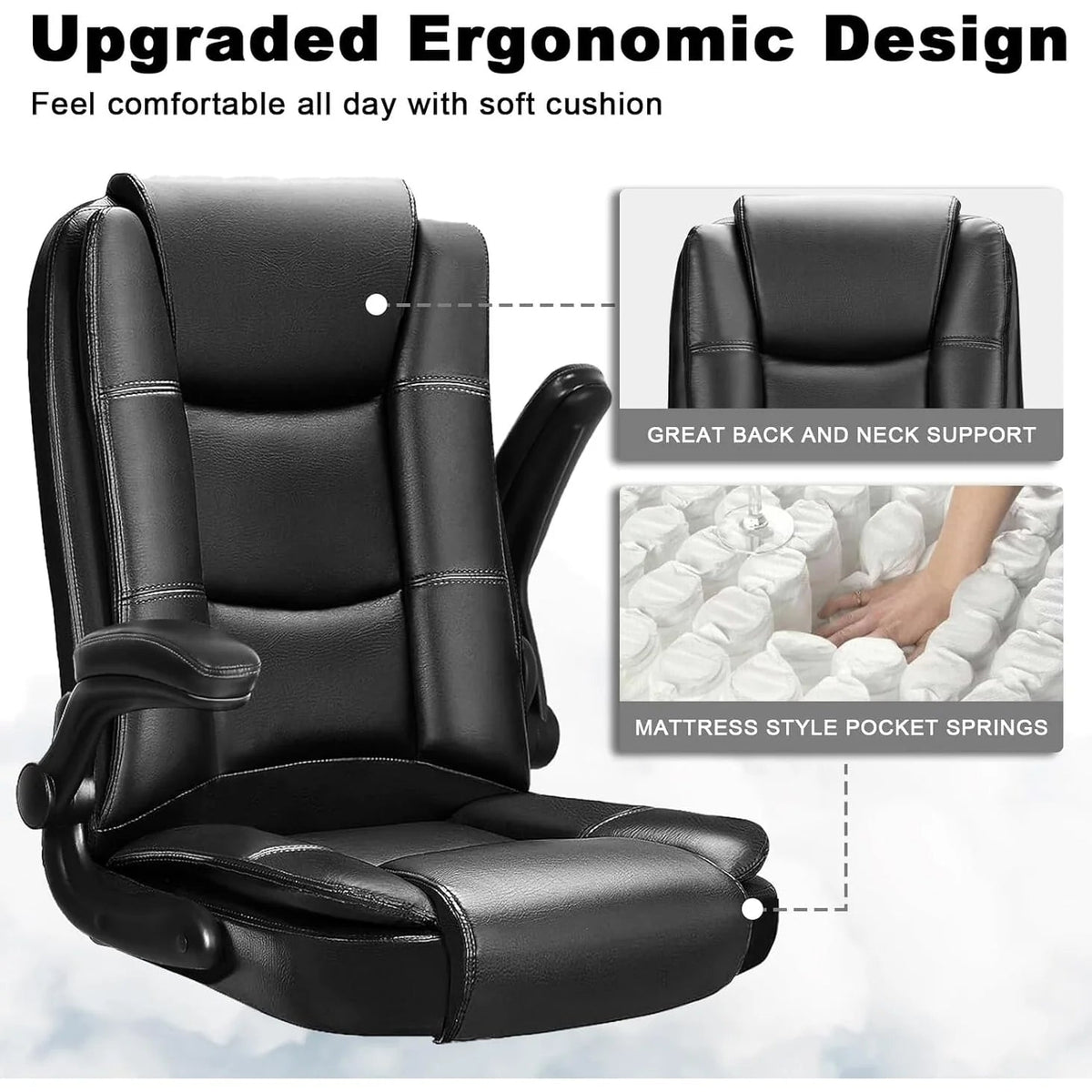 Big And Tall Ergonomic Office Chair, High Back Leather Executive Computer Chair With Padded Flip-Up Arms - 20.87in D x 27.3in W x 47.24in H