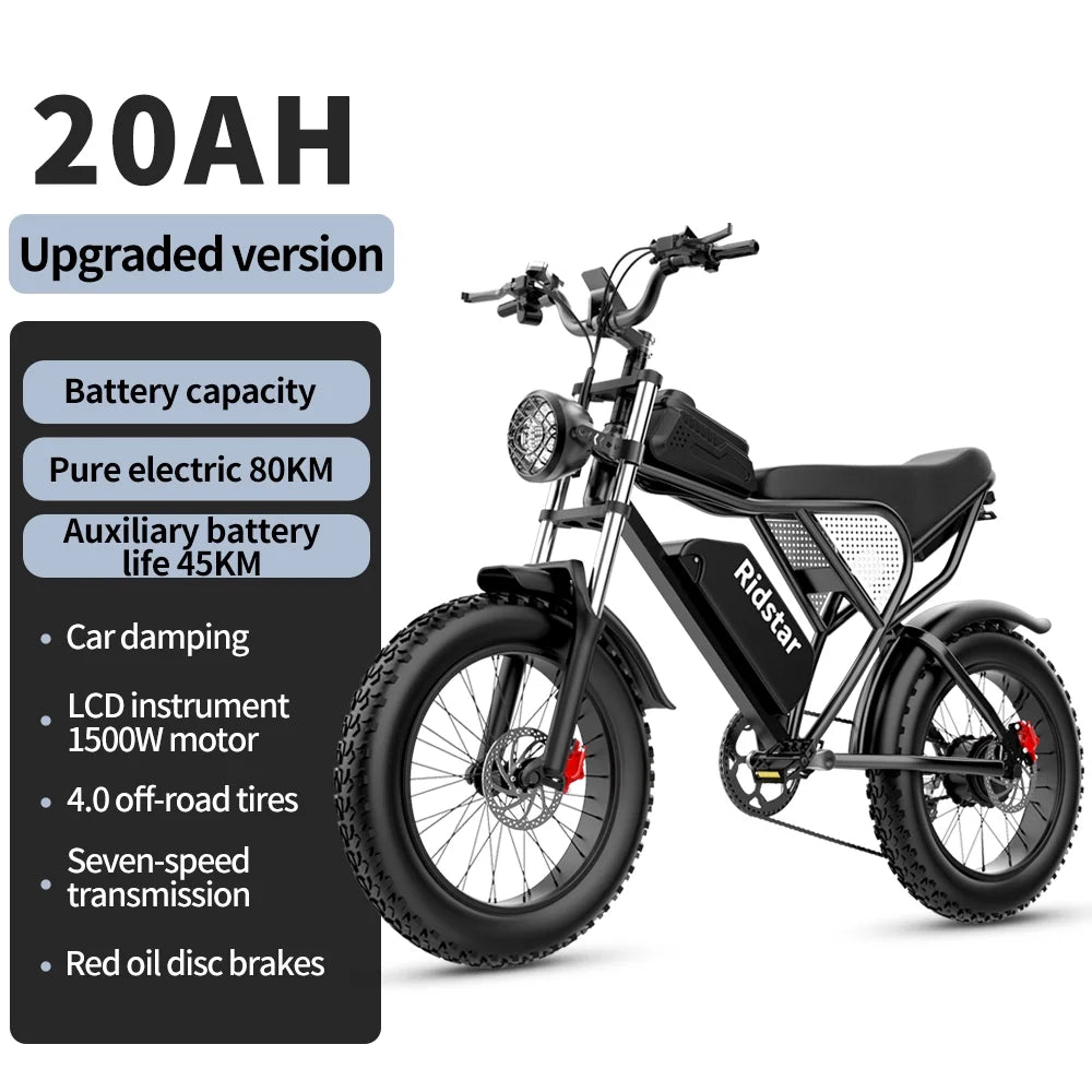 1500W Electric Mountain Bike 48V 20Ah, 20 inch Fat Tires, Shimano 7-Speed, Full Suspension - q20-1500w