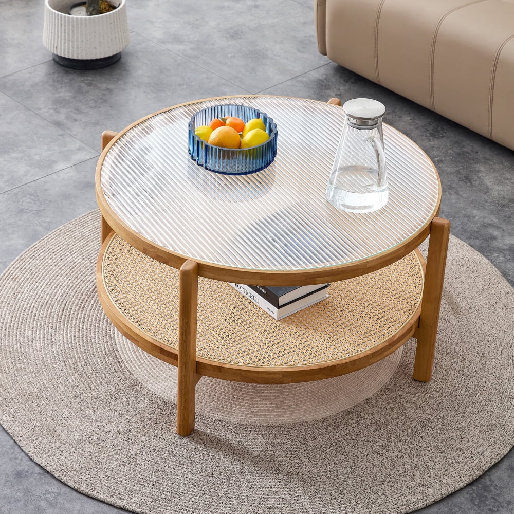 Glass Top Imitation Rattan Solid Wood Side Table, White - W1151134809