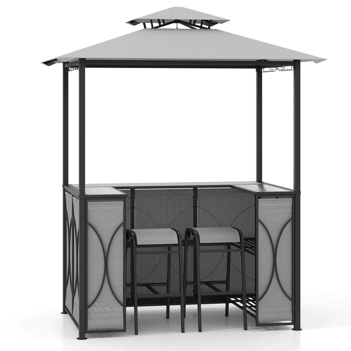 Costway 3-Piece Grill Gazebo Bar Set With 2 Bar Stools And Tempered Glass Top - Grey
