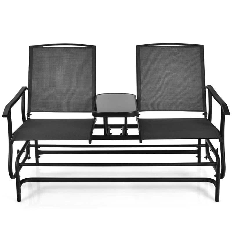 2-Person Outdoor Bench Glider Chair With Center Table, Mesh Fabric, 57 x 28 x 38 in