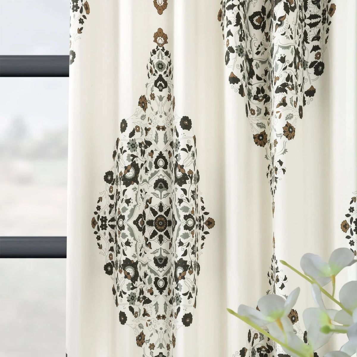 Medallion Damask Printed Cotton Room Darkening Curtain Panel, 1 Piece, 50 in W x 84/96/108/120 in L
