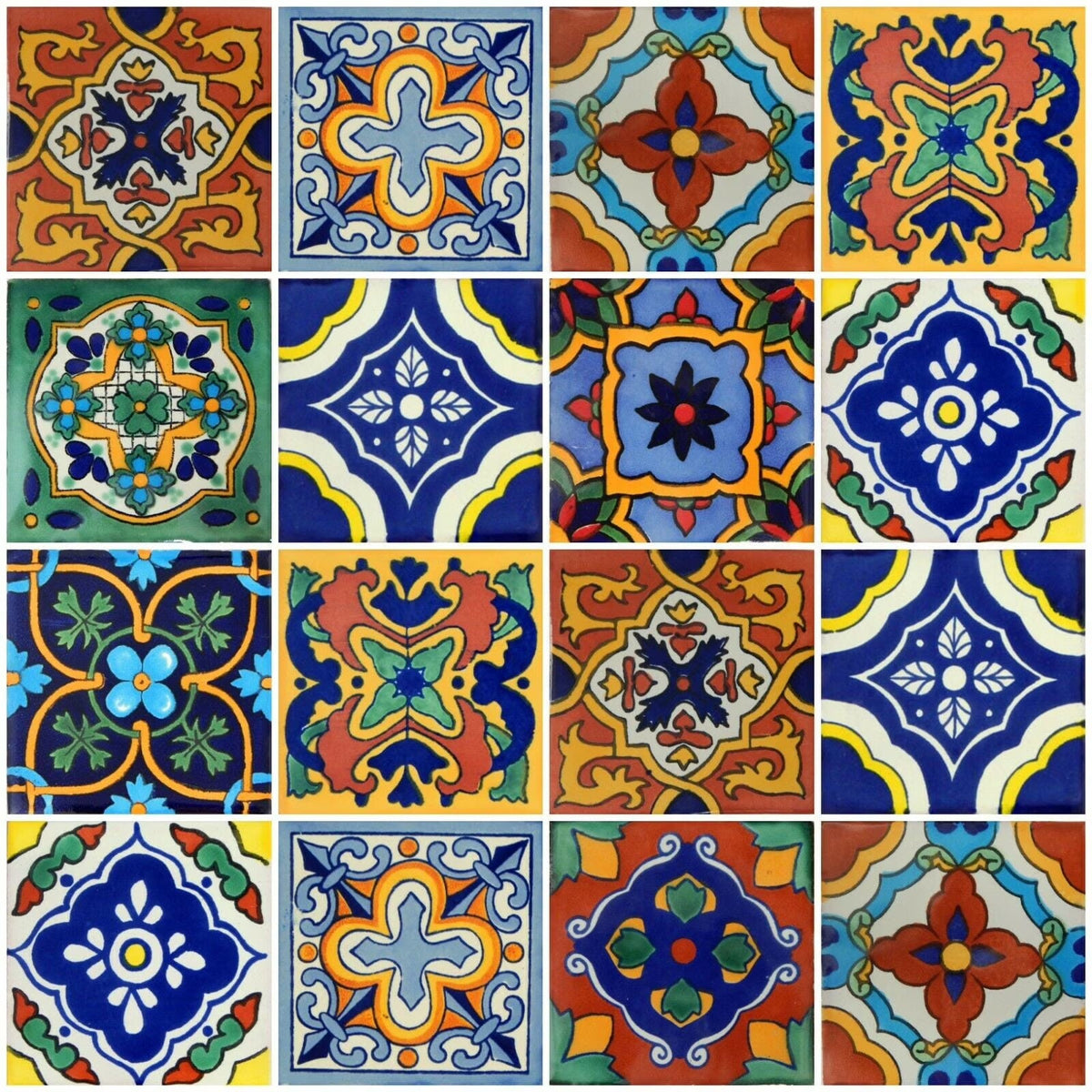 Mexican Talavera Ceramic Tiles 4x4 - 100 Pieces, 10 Designs