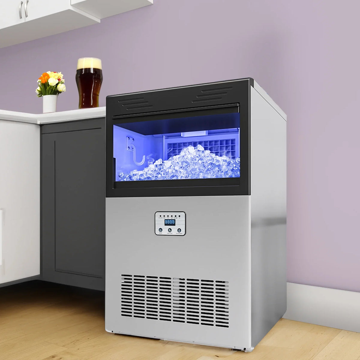 Dextrus Commercial Ice Maker, 200LBS/24H, 48LBS Storage Bin, 2-liter Ice Bucket, Freestanding, Stainless Steel